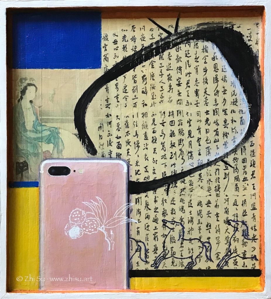Collage, acrylic painting, transfer of Chinese calligraphy, traditional Chinese woman, pink iPhone