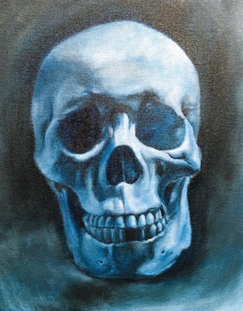 Oil painting of skull, front view, blue