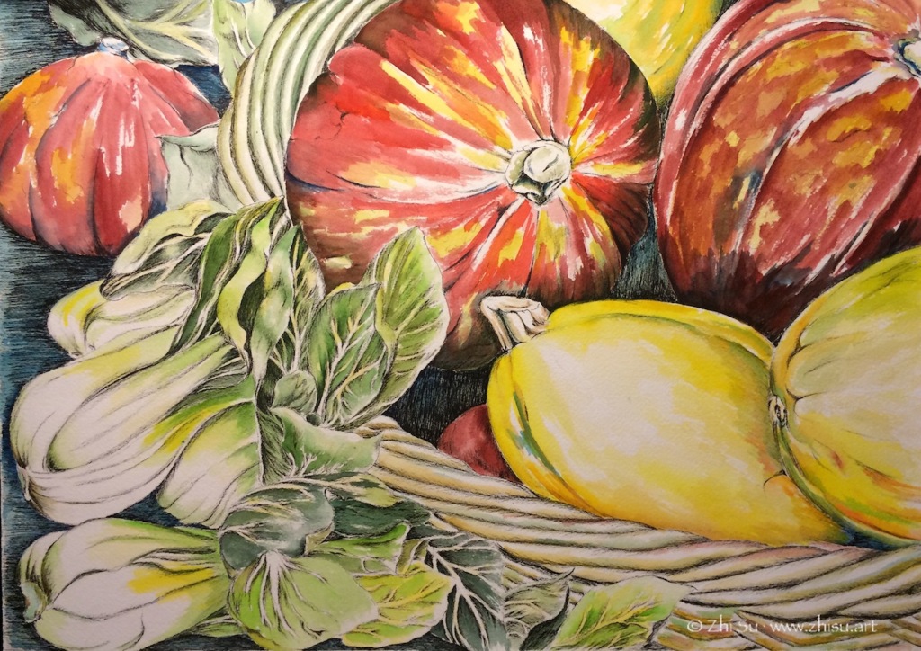Harvest, watercolor and ink of vegetables, basket